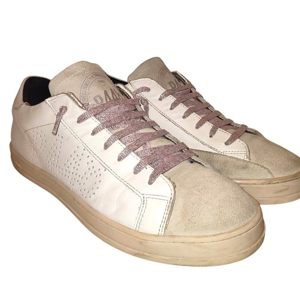 P448 John White Leather Grey Suede Low Top Sneakers Size 41 Metallic Pink Laces